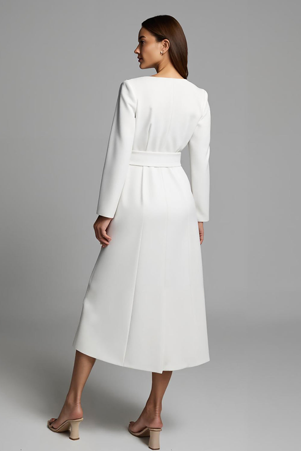 A Line V-Neck Satin Long Sleeves Ivory Work Dress