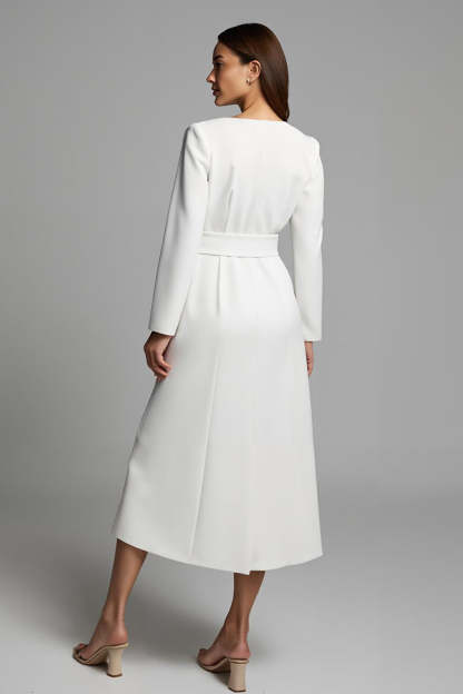 A Line V-Neck Satin Long Sleeves Ivory Work Dress