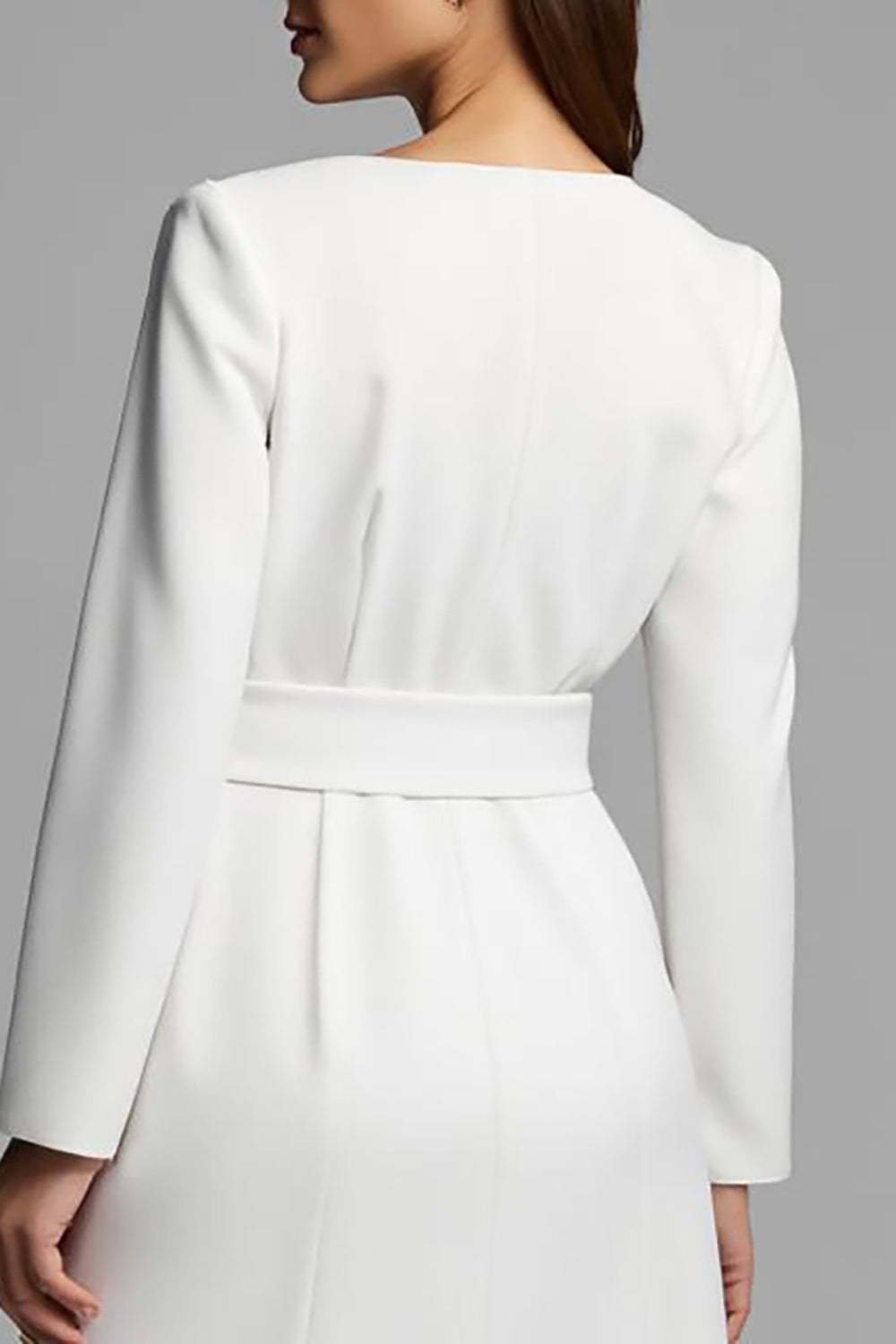 A Line V-Neck Satin Long Sleeves Ivory Work Dress