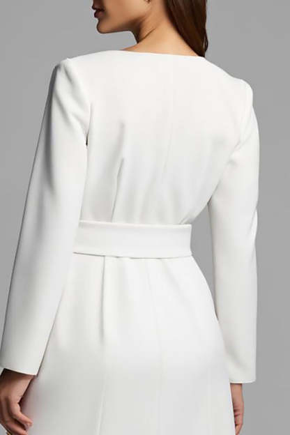A Line V-Neck Satin Long Sleeves Ivory Work Dress