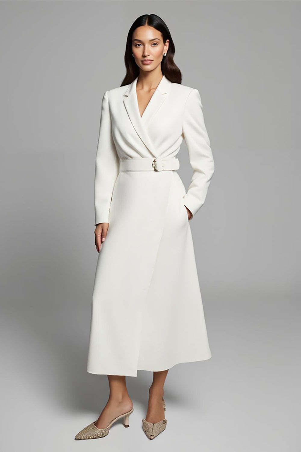 Leely Women Ivory Maxi Formal Work Dress with Belt A Line Notched Lapel Blazer Dress with Sleeves