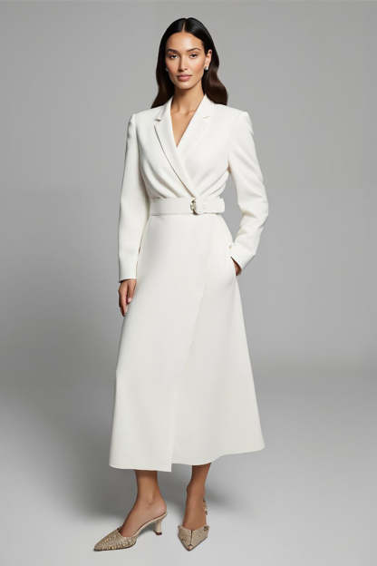 Leely Women Ivory Maxi Formal Work Dress with Belt A Line Notched Lapel Blazer Dress with Sleeves