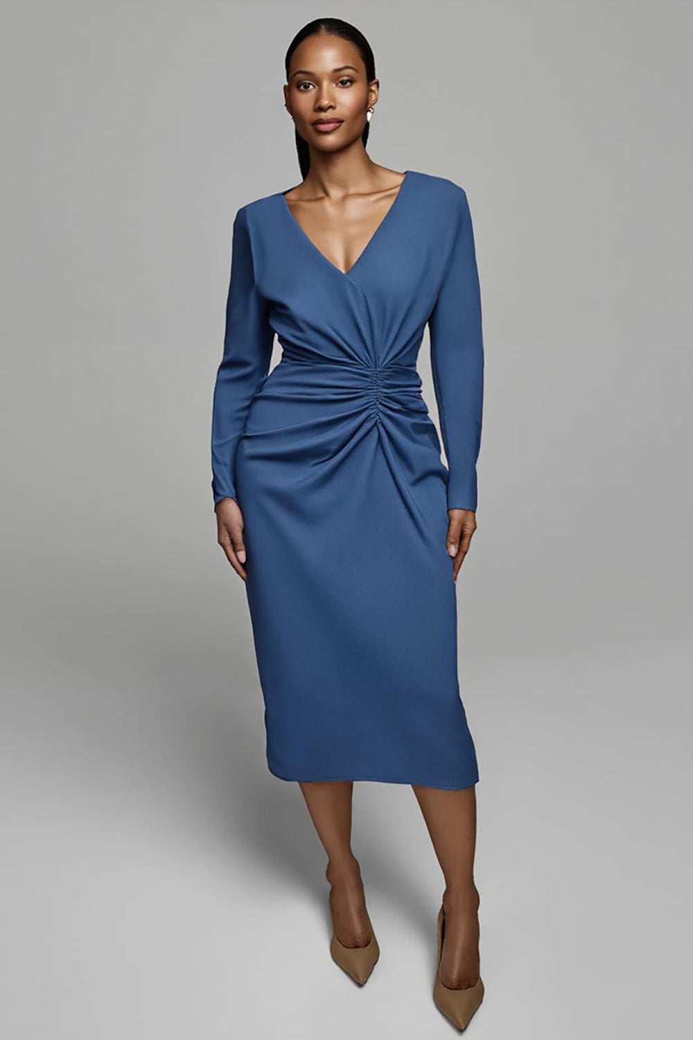 Dusty Blue Satin Sheath V Neck Ruched Midi Work Dress with Sleeves