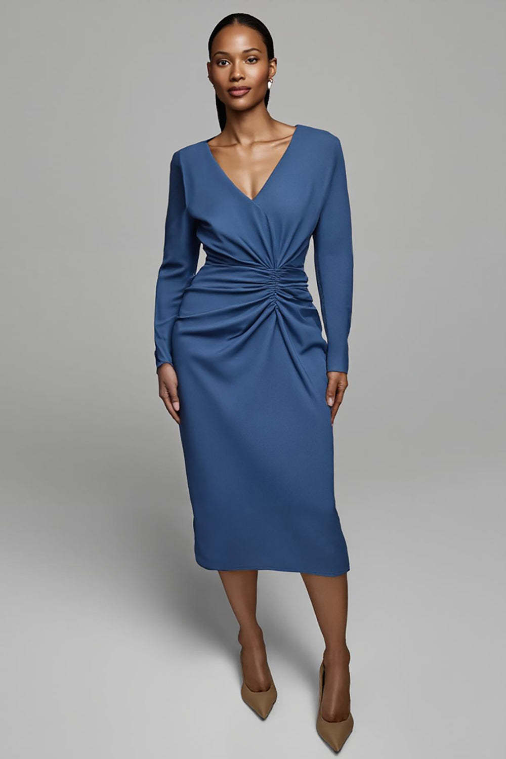 Leely Women Dusty Blue Sheath Satin Midi Work Dress with Sleeves Ruched V-Neck Business Dress