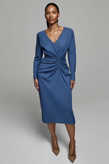 Leely Women Dusty Blue Sheath Satin Midi Work Dress with Sleeves Ruched V-Neck Business Dress