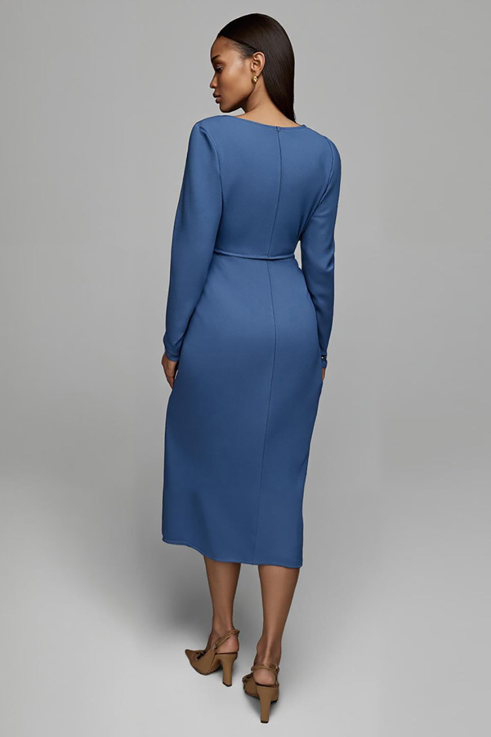 Dusty Blue Satin Sheath V Neck Ruched Midi Work Dress with Sleeves
