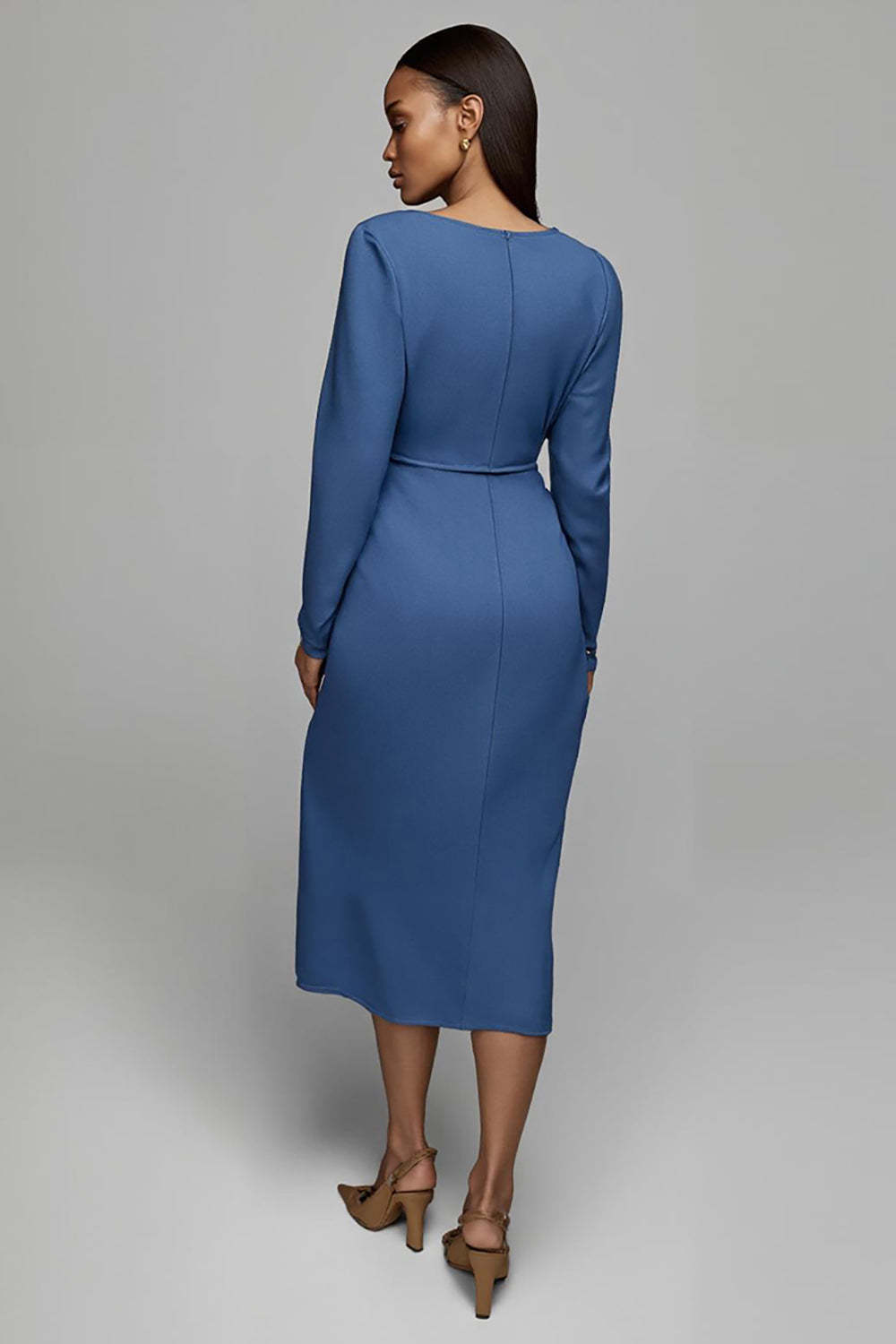 Dusty Blue Satin Sheath V Neck Ruched Midi Work Dress with Sleeves