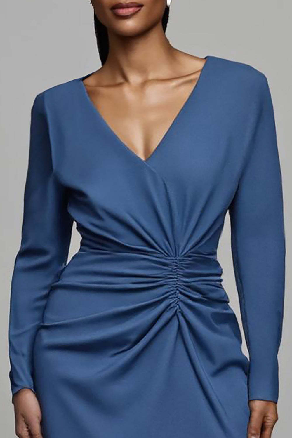 Dusty Blue Satin Sheath V Neck Ruched Midi Work Dress with Sleeves
