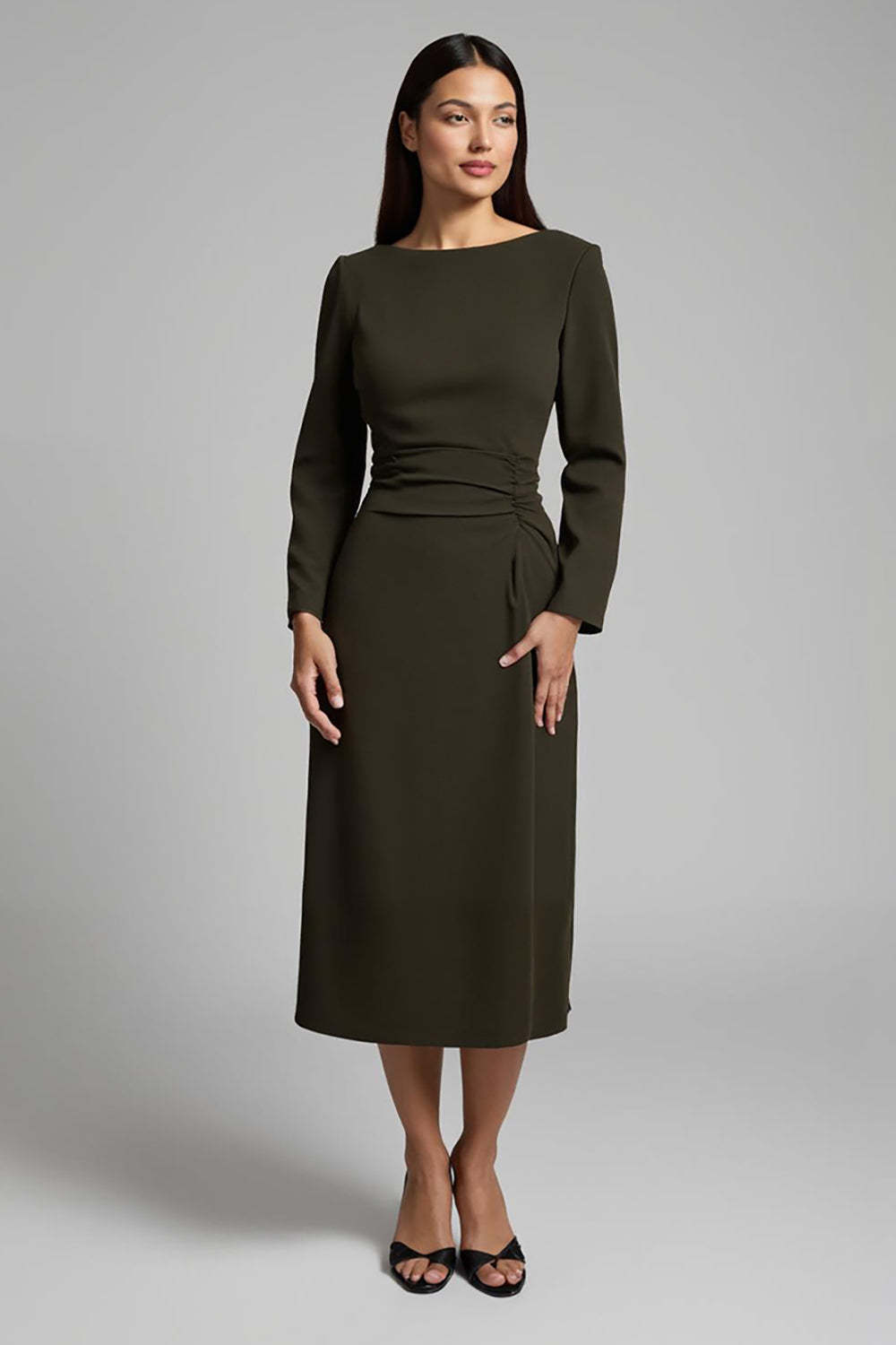 Leely Women Dark Olive Satin Maxi Work Dress with Sleeves Boat Neck Ruched Business Dress