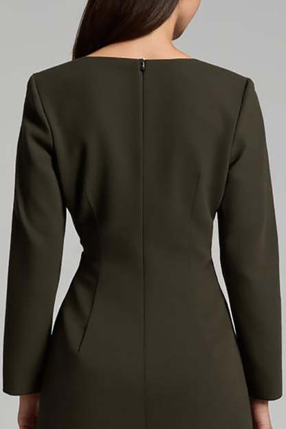 Dark Olive Satin Boat Neck Maxi Work Dress with Sleeves