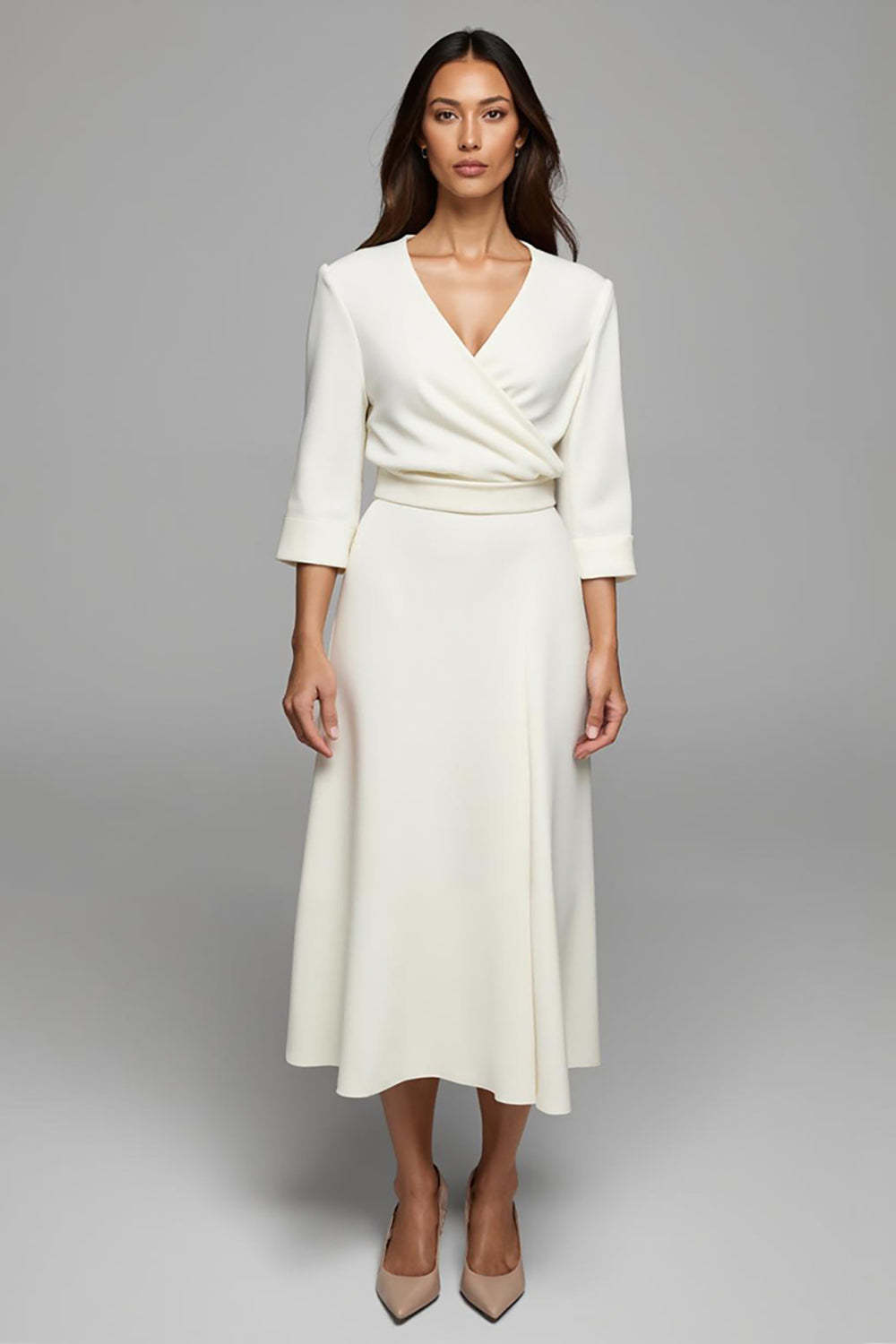 Leely Women Ivory Satin Maxi Work Dress with Sleeves A Line Ruched Business Dress