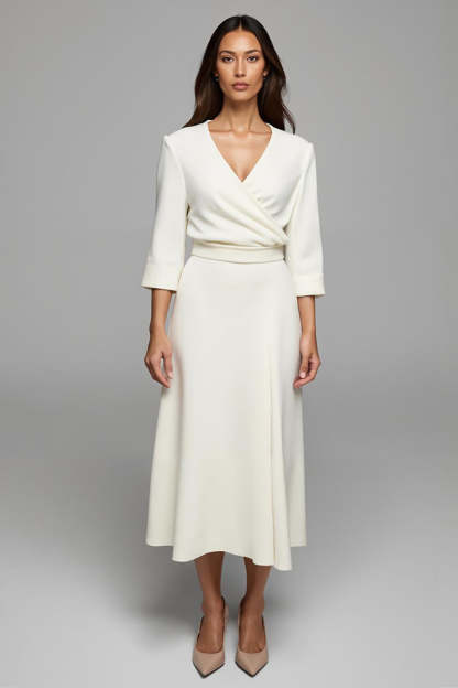 Leely Women Ivory Satin Maxi Work Dress with Sleeves A Line Ruched Business Dress