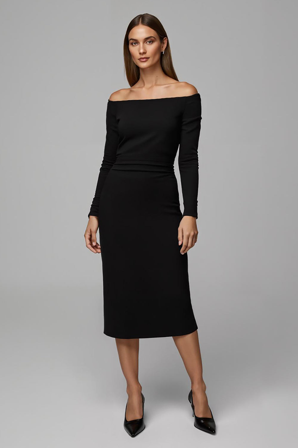 Sheath Black Satin Off the Shoulder Midi Work Dress with Sleeves