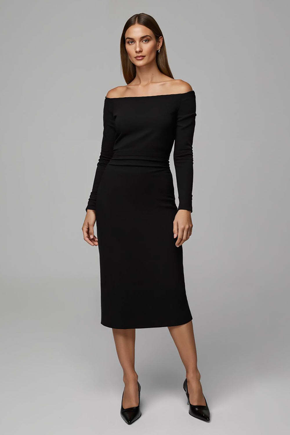 Leely Women Black Satin Sheath Midi Work Dress with Sleeves Off the Shoulder Business Dress