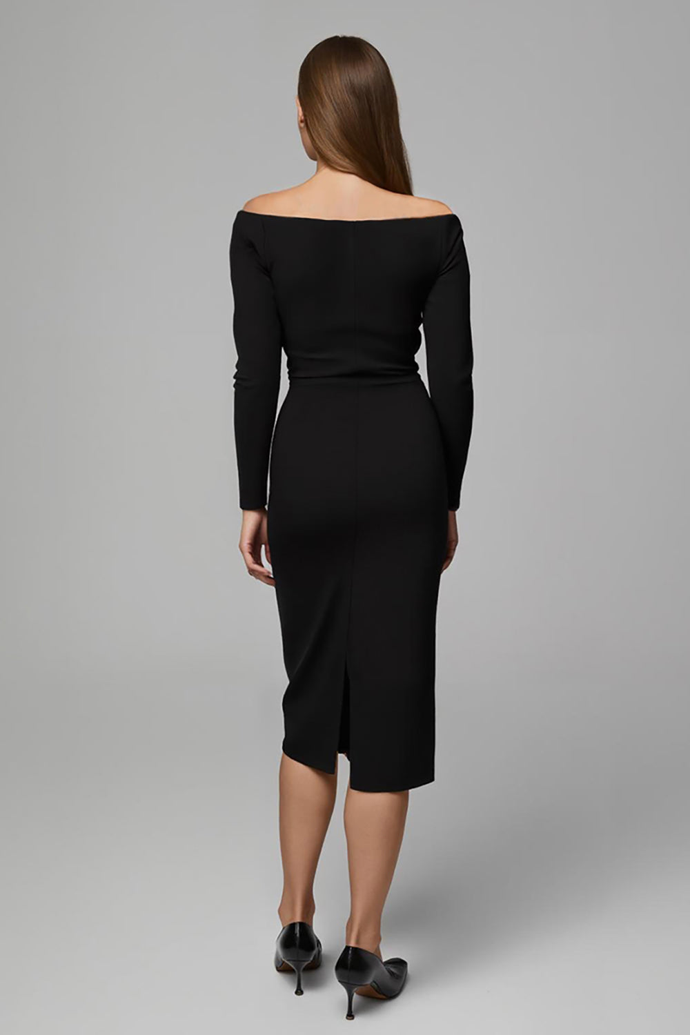 Sheath Black Satin Off the Shoulder Midi Work Dress with Sleeves