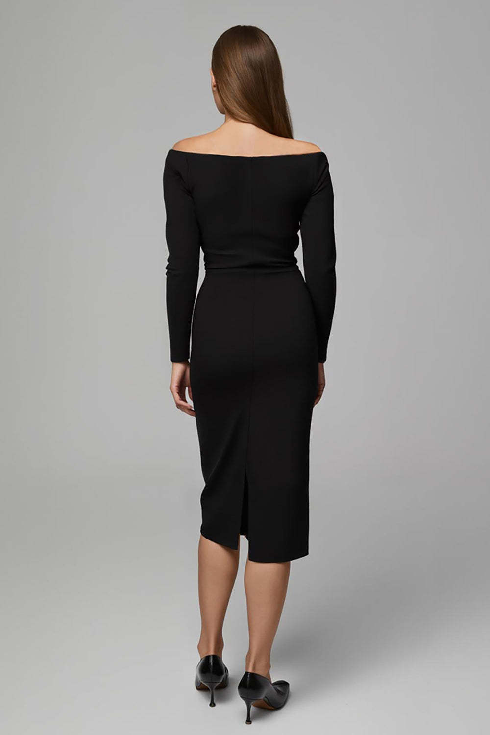 Sheath Black Satin Off the Shoulder Midi Work Dress with Sleeves