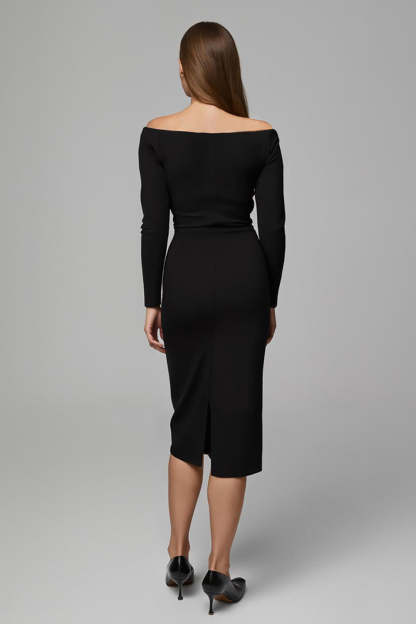 Sheath Black Satin Off the Shoulder Midi Work Dress with Sleeves
