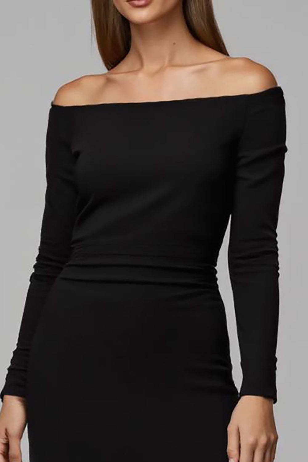 Sheath Black Satin Off the Shoulder Midi Work Dress with Sleeves