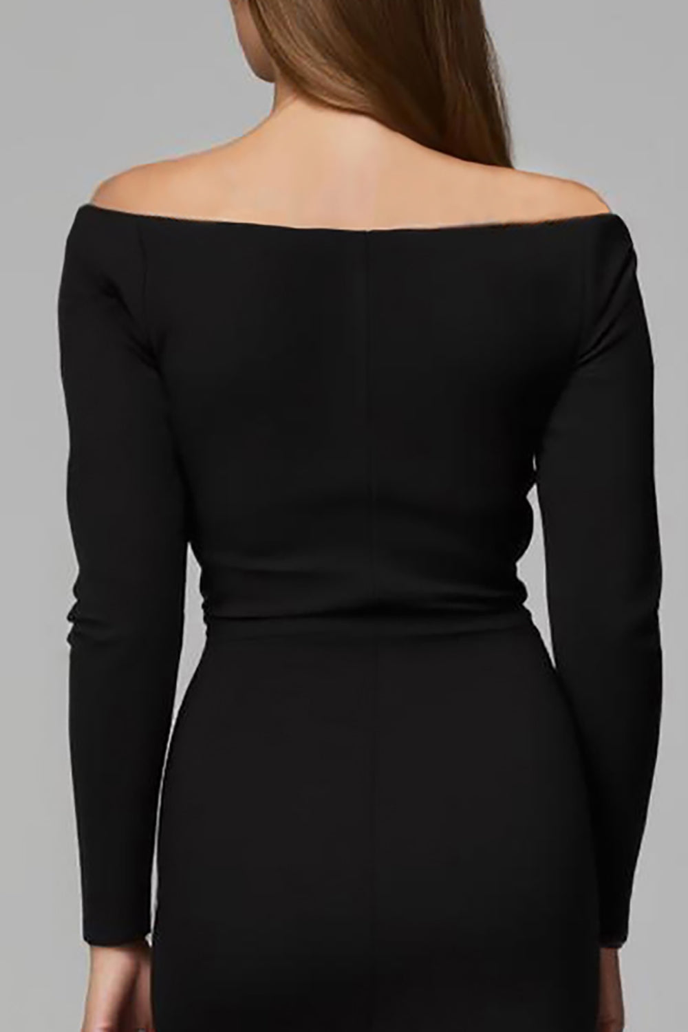 Sheath Black Satin Off the Shoulder Midi Work Dress with Sleeves