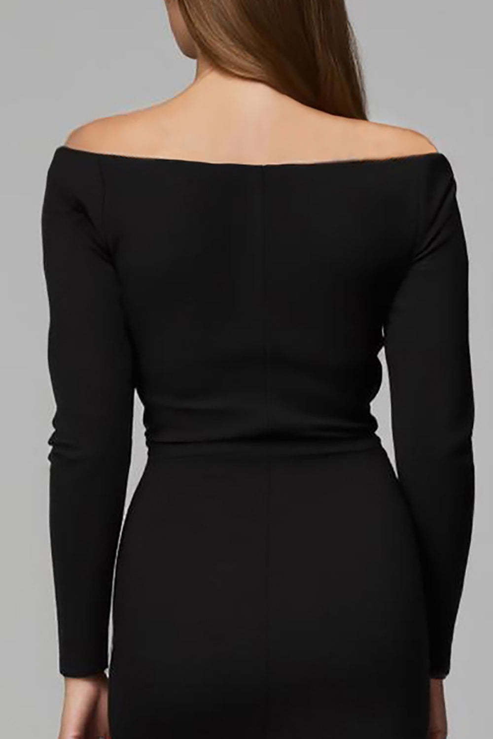 Sheath Black Satin Off the Shoulder Midi Work Dress with Sleeves