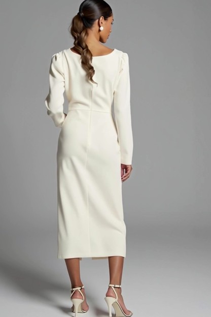 Sheath Ruched Long Sleeves Ivory Work Dress with Slit