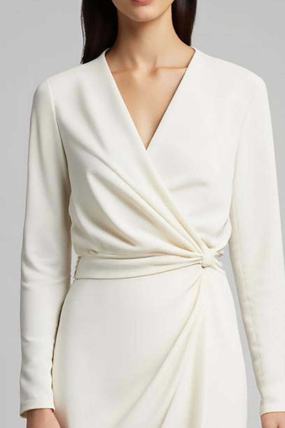 Ivory Midi Sheath Satin Ruched Long Sleeves Work Dress with Slit