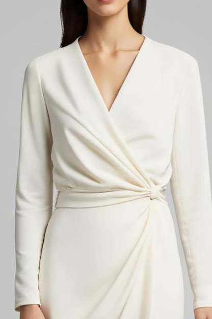 Ivory Midi Sheath Satin Ruched Long Sleeves Work Dress with Slit