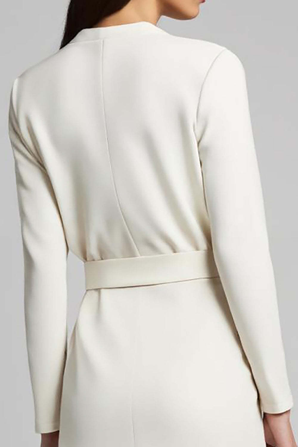 Ivory Midi Sheath Satin Ruched Long Sleeves Work Dress with Slit