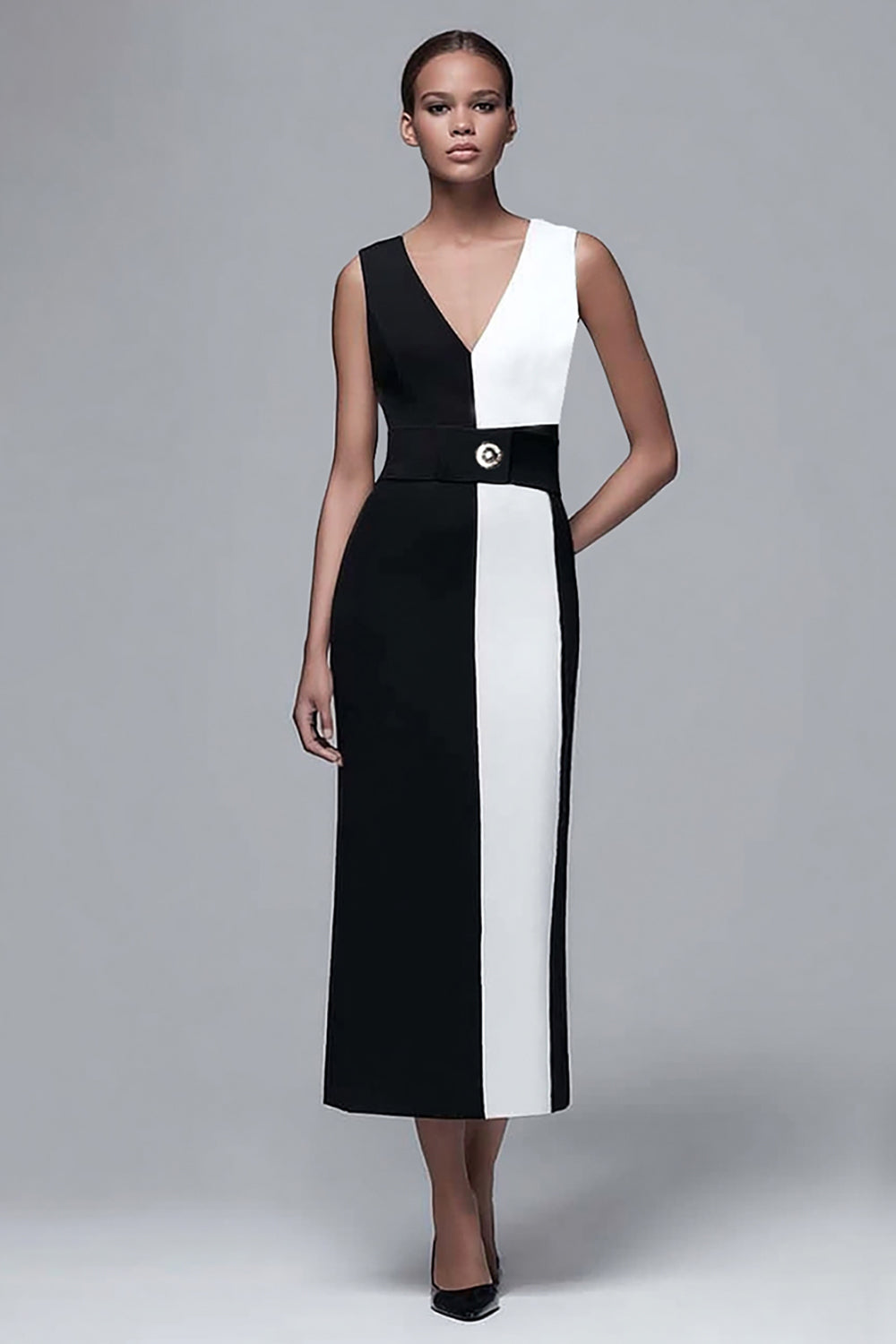 Black and White Patchwork Sheath V-Neck Maxi Work Dress with Belt