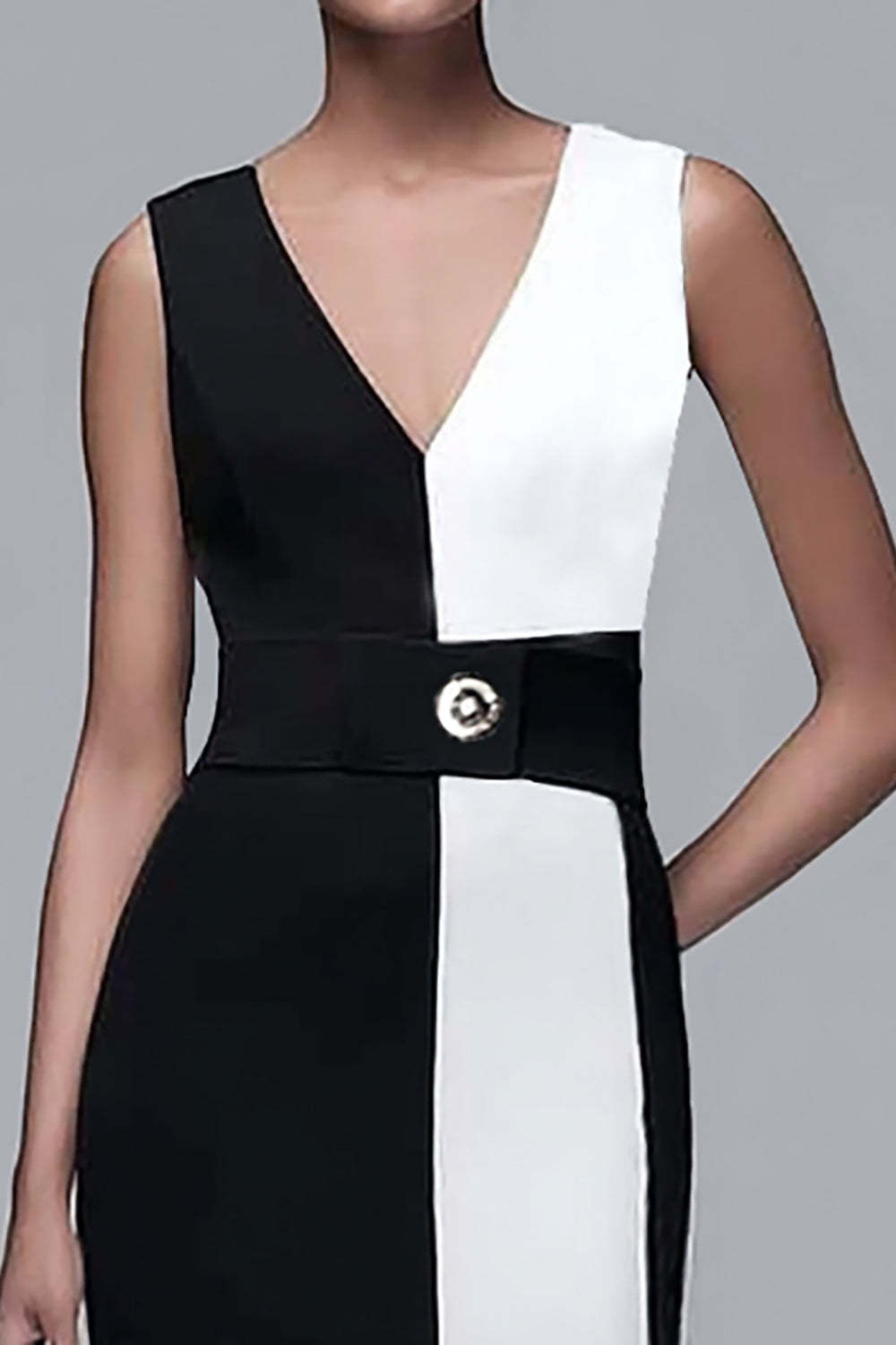 Black and White Patchwork Sheath V-Neck Maxi Work Dress with Belt