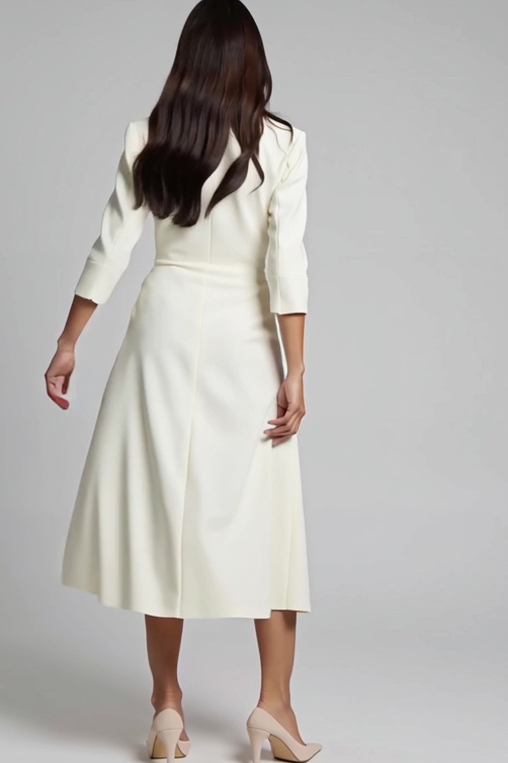 Ivory V-Neck Ruched Satin Midi Work Dress with Sleeves