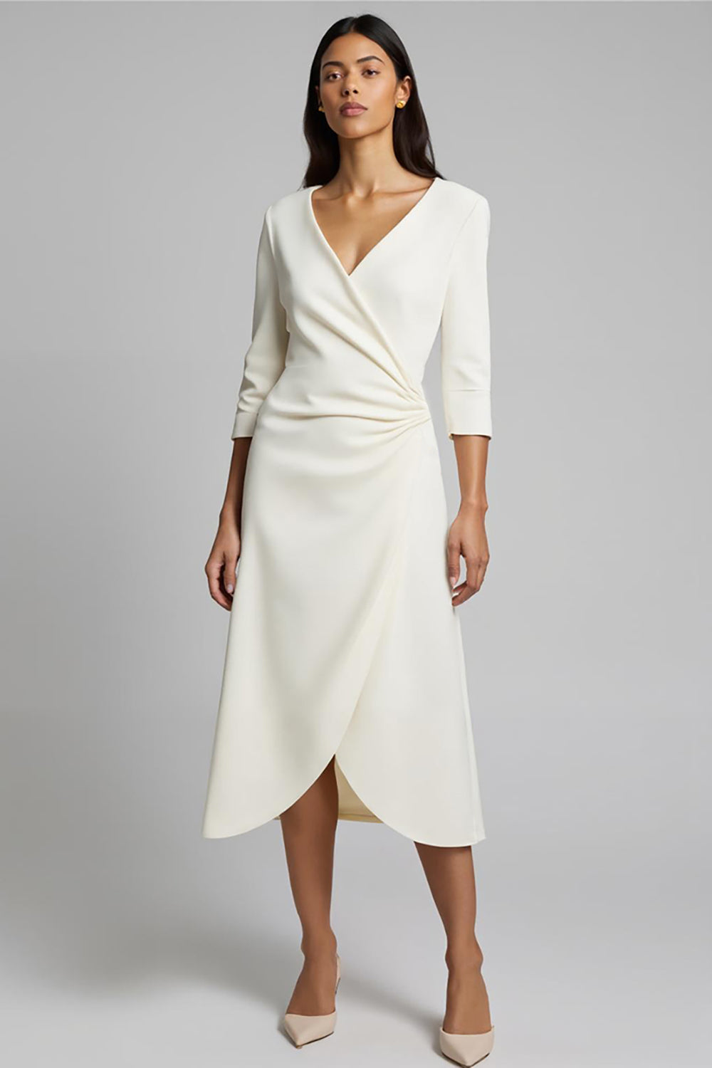 Leely Women Ivory Satin Midi Work Dress with Sleeves A Line V-Neck Ruched Business Dress with Slit