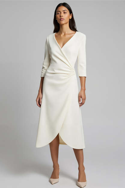 Leely Women Ivory Satin Midi Work Dress with Sleeves A Line V-Neck Ruched Business Dress with Slit