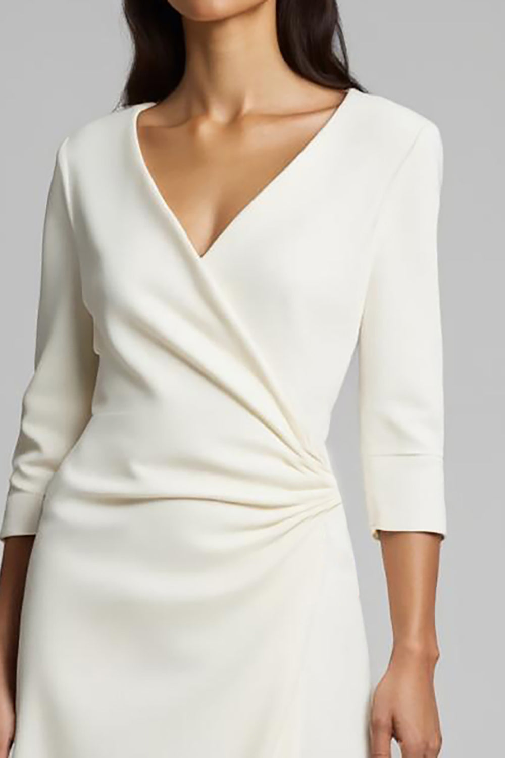 Ivory V-Neck Ruched Satin Midi Work Dress with Sleeves
