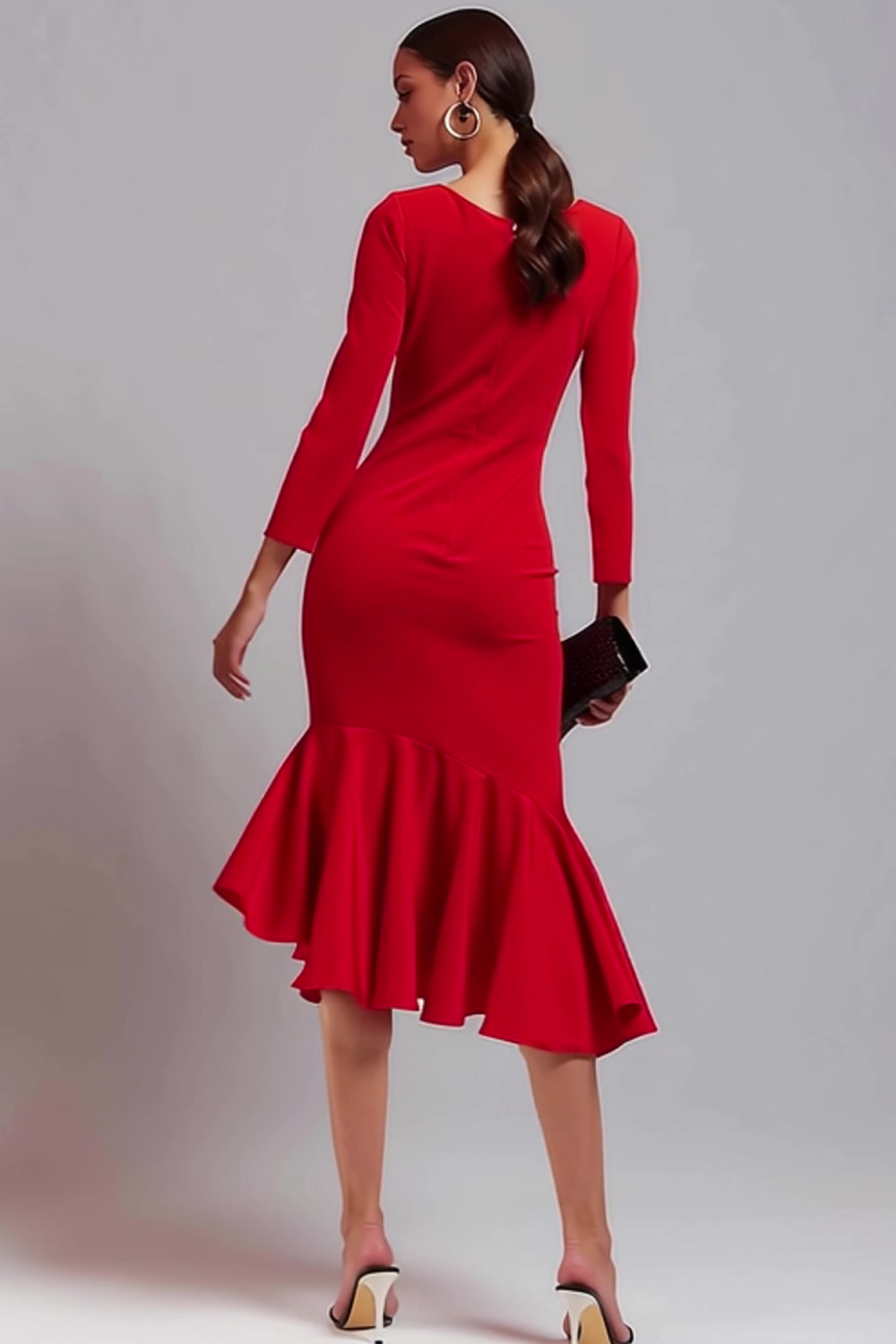 Midi Red Satin Mermaid Long Sleeves Work Dress with Ruffles