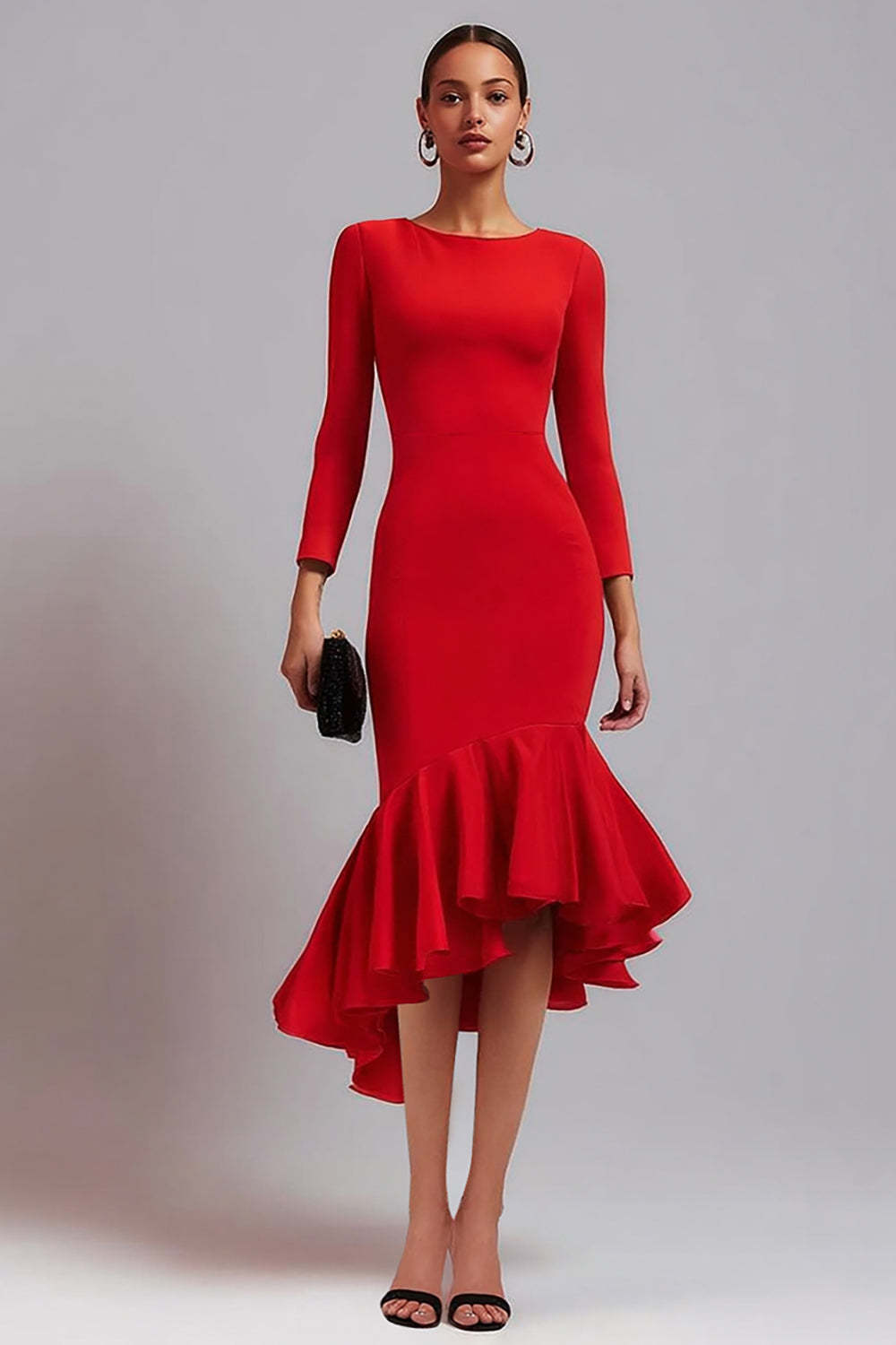 Leely Women Red Satin Midi Work Dress with Ruffles Mermaid Jewel Neck Business Dress with Sleeves