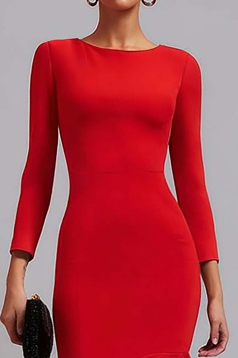 Midi Red Satin Mermaid Long Sleeves Work Dress with Ruffles