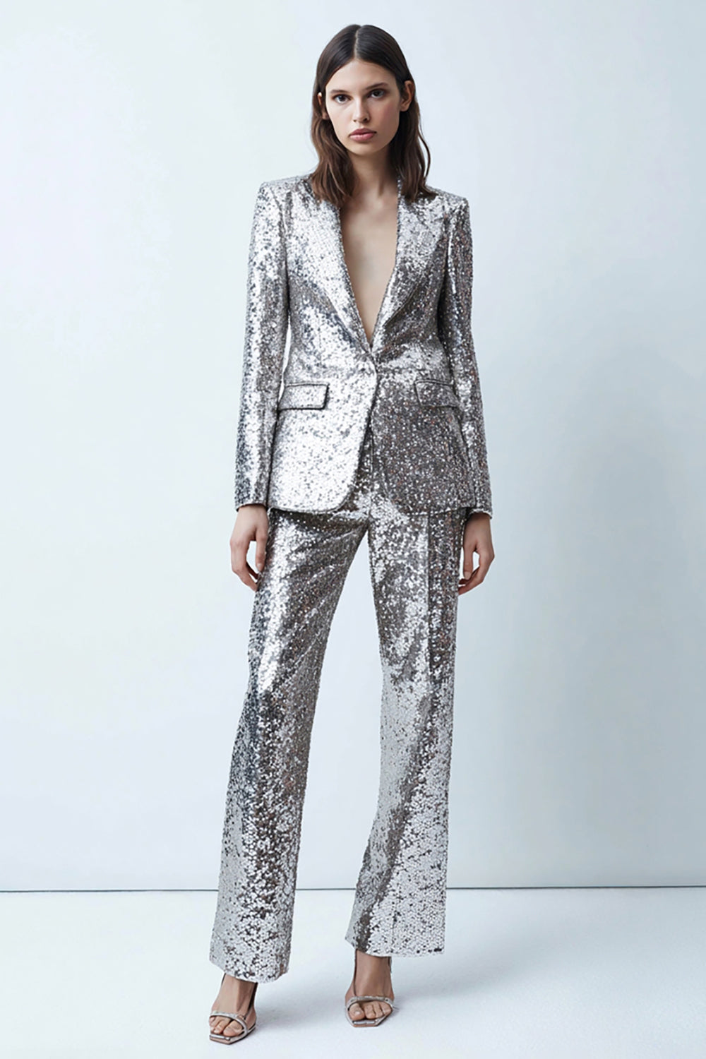 Leely Women Sparkly 2 Piece Silver Sequins Women Prom Suits with Sleeves Notched Lapel Single Breasted Party Tuxedo with Pockets
