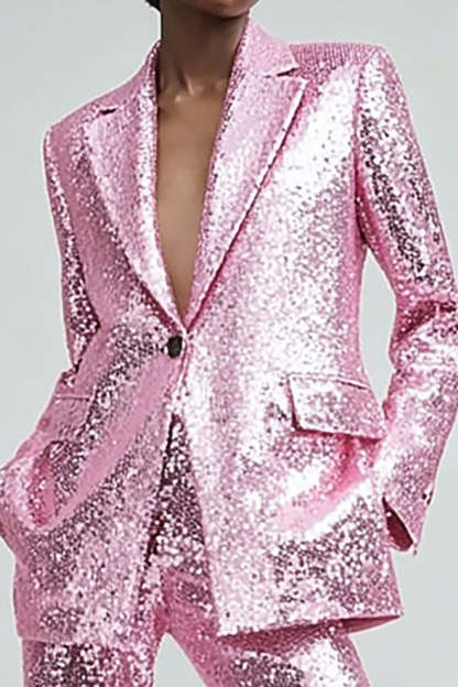 Sparkly Pink 2 Piece Sequins One Button Women Prom Suits with Pockets