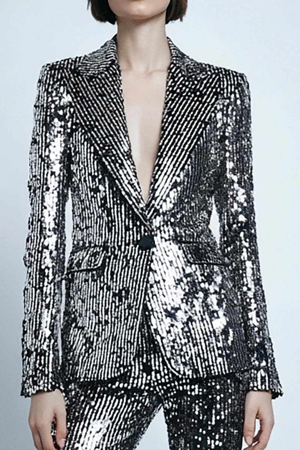 2 Piece Sparkly Silver Gray Sequins Flare Women Prom Suits with Pockets