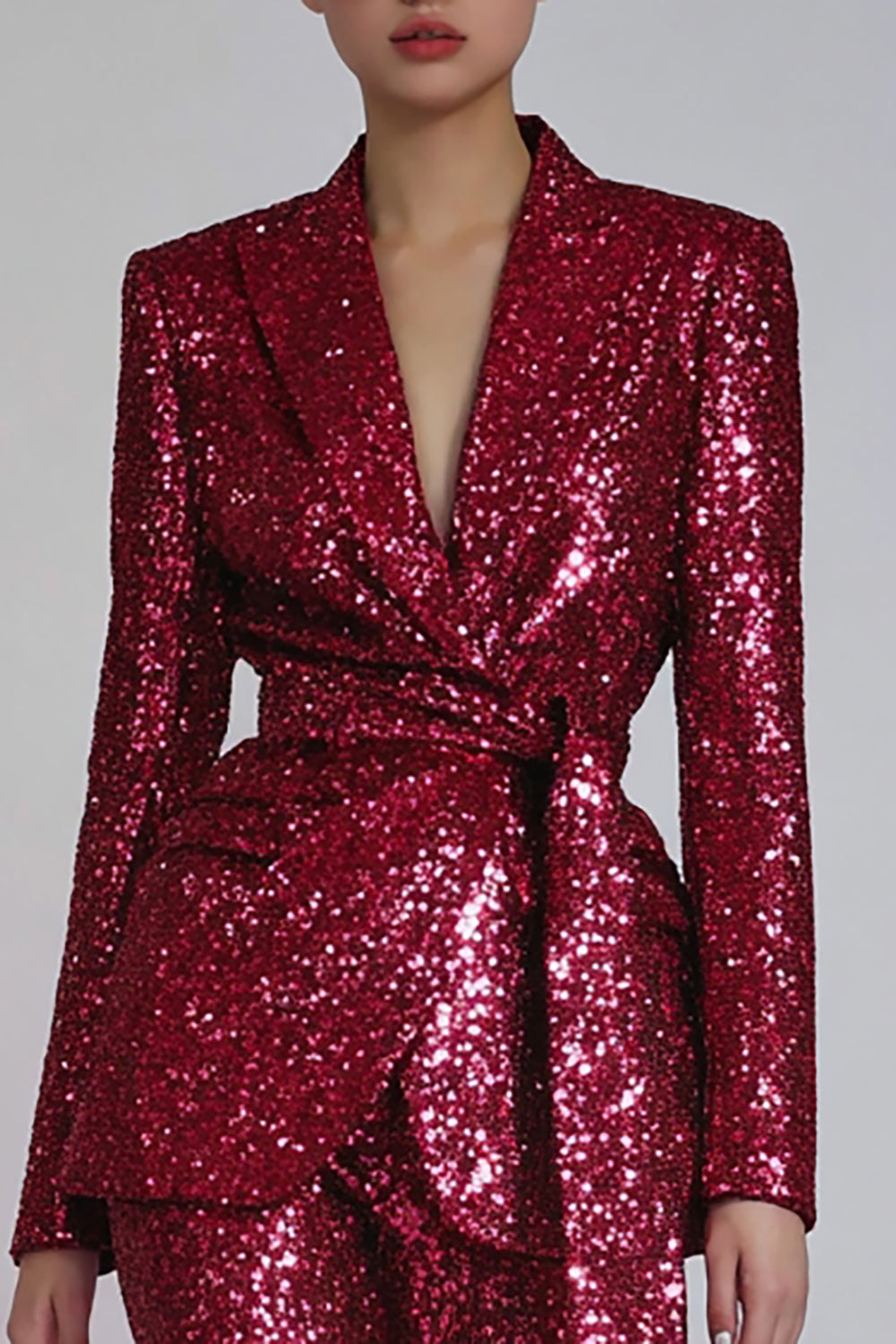 Sparkly Fitted Red 2 Piece Sequins Women Prom Suits with Sash