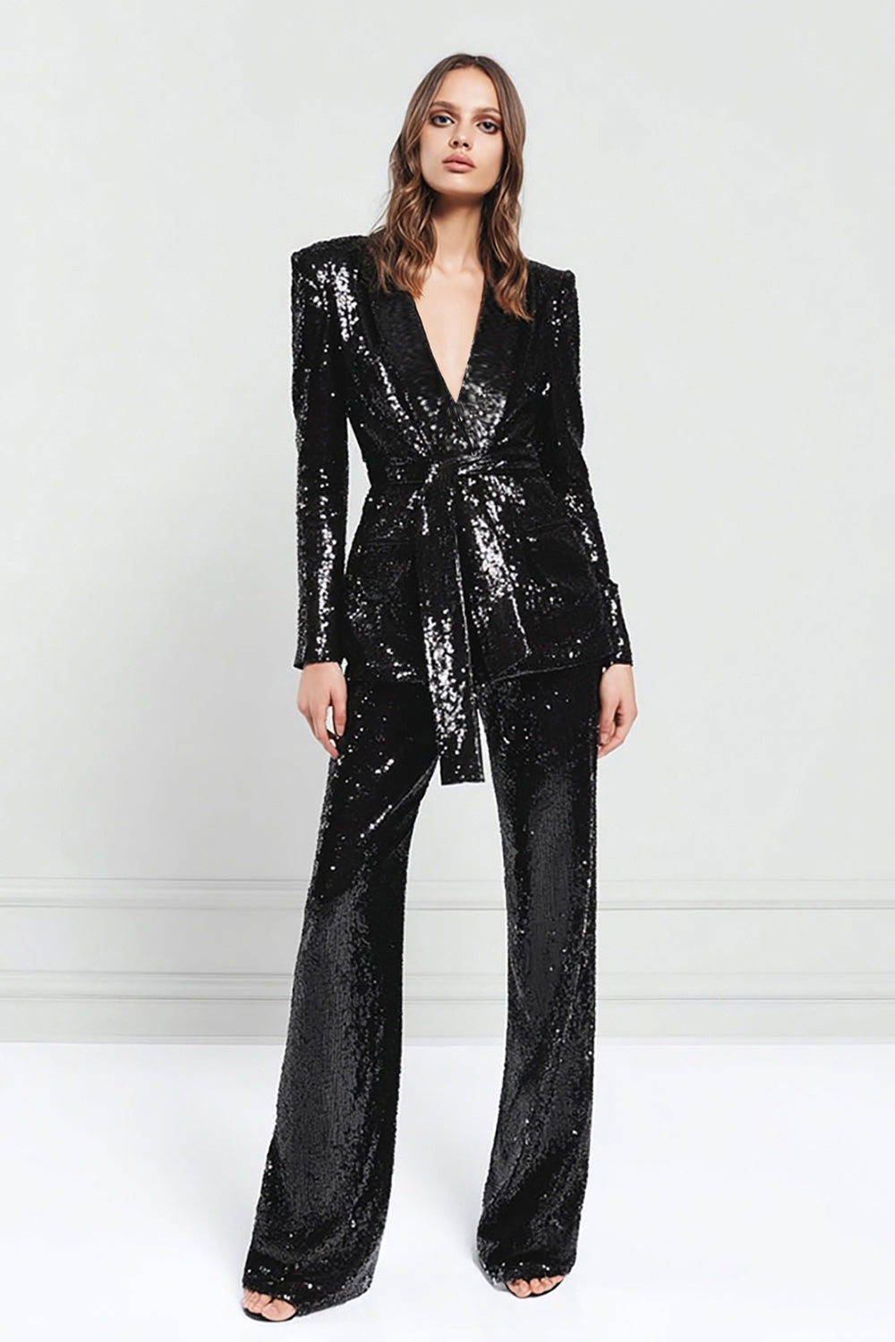 Sparkly Black Sequins 2 Piece Fitted Women Prom Suits with Sash