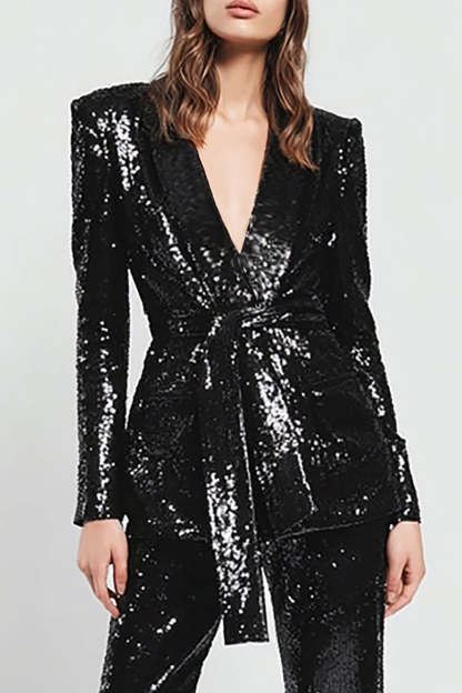 Sparkly Black Sequins 2 Piece Fitted Women Prom Suits with Sash