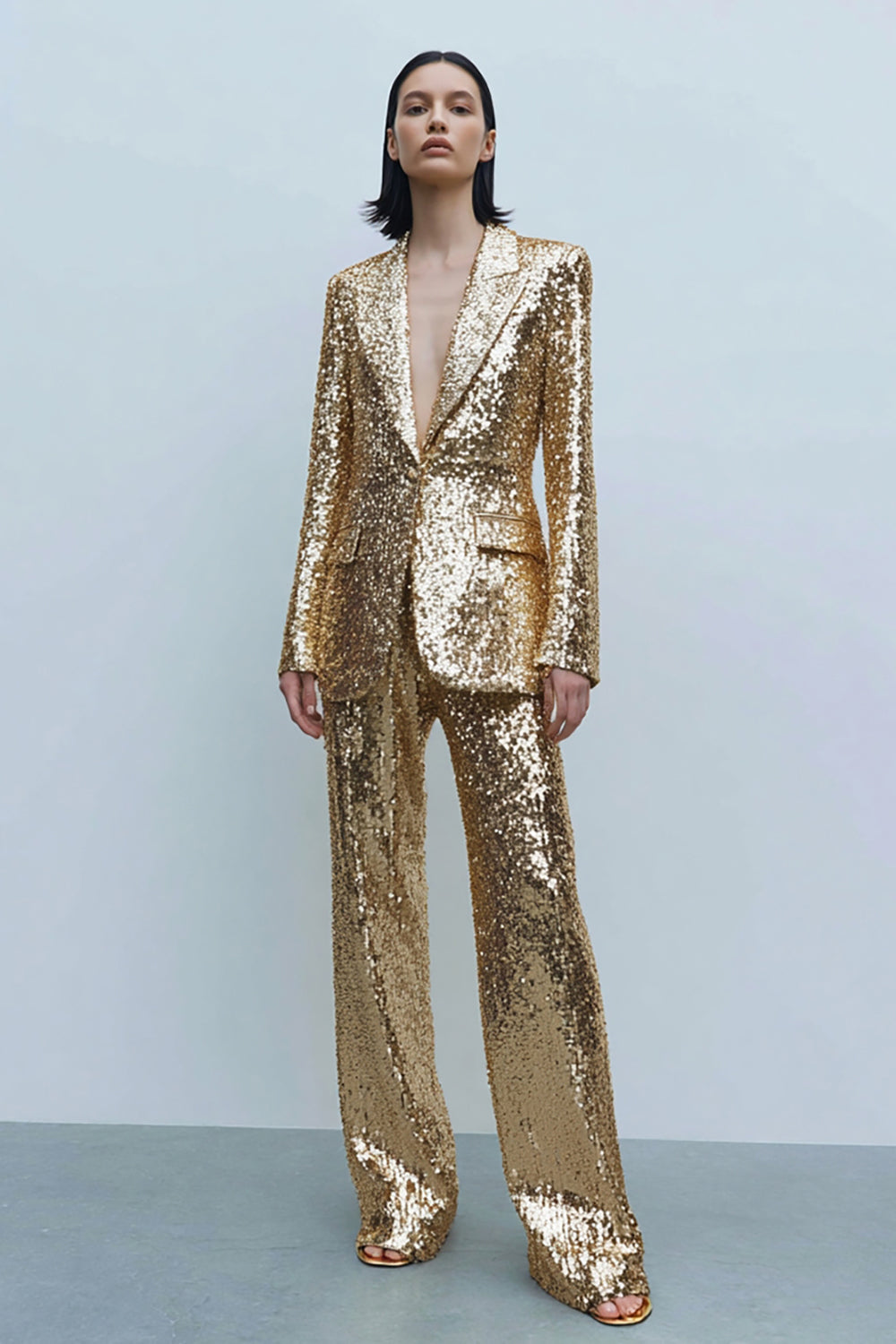Sparkly Gold 2 Piece Sequined Women Prom Party Suits with Pockets