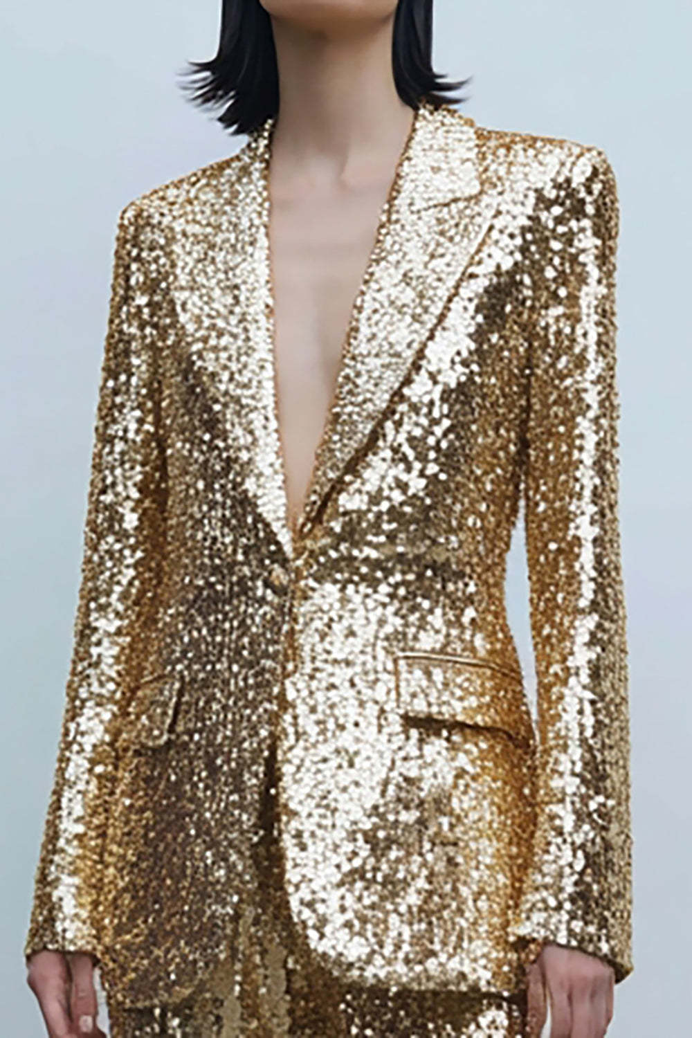 Sparkly Gold 2 Piece Sequined Women Prom Party Suits with Pockets