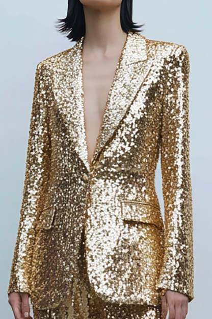 Sparkly Gold 2 Piece Sequined Women Prom Party Suits with Pockets