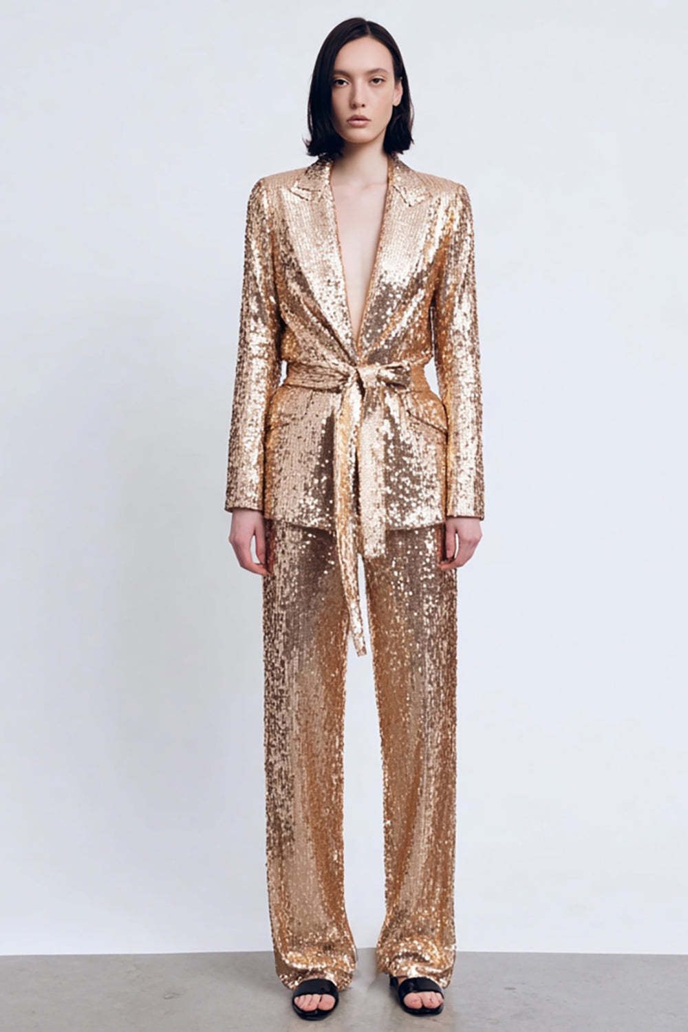 Leely Women 2 Piece Sparkly Gold Sequins Women Prom Suits with Sash Peak Lapel Party Tuxedo with Sleeves