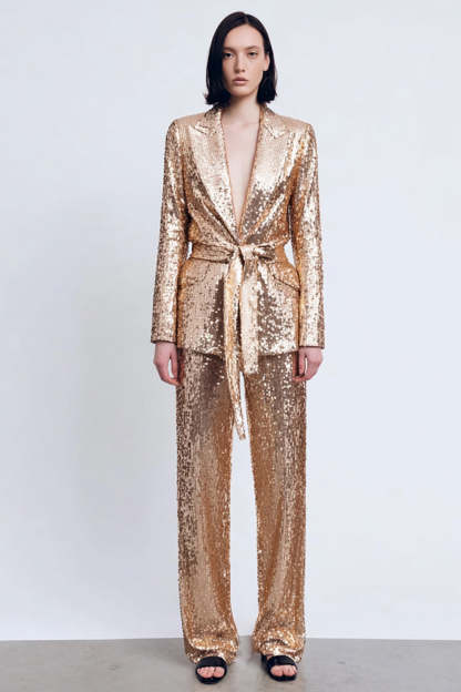Leely Women 2 Piece Sparkly Gold Sequins Women Prom Suits with Sash Peak Lapel Party Tuxedo with Sleeves
