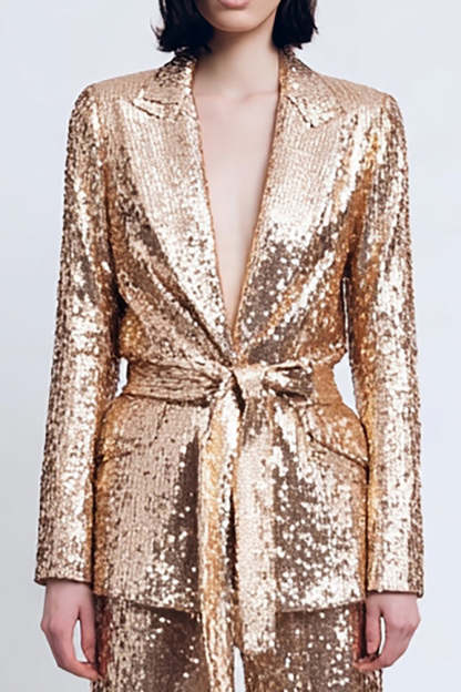 Gold Sequins Peak Lapel 2 Piece Sparkly Women Prom Party Suits