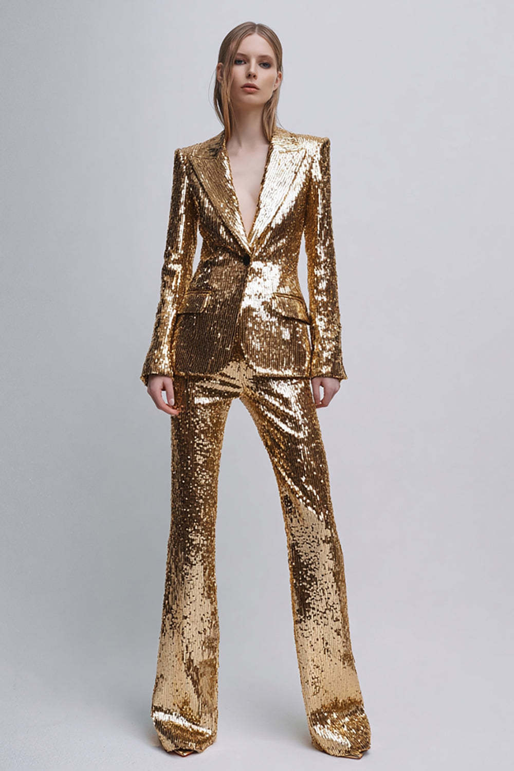 Leely Women 2 Piece Sparkly Gold Women Prom Suits with Sleeves Sequins Peak Lapel Single Breasted Party Tuxedo with Pockets